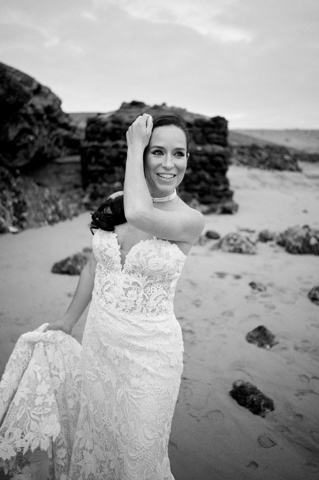 Bride on the beach, black and white, Lanzarote wedding photographer