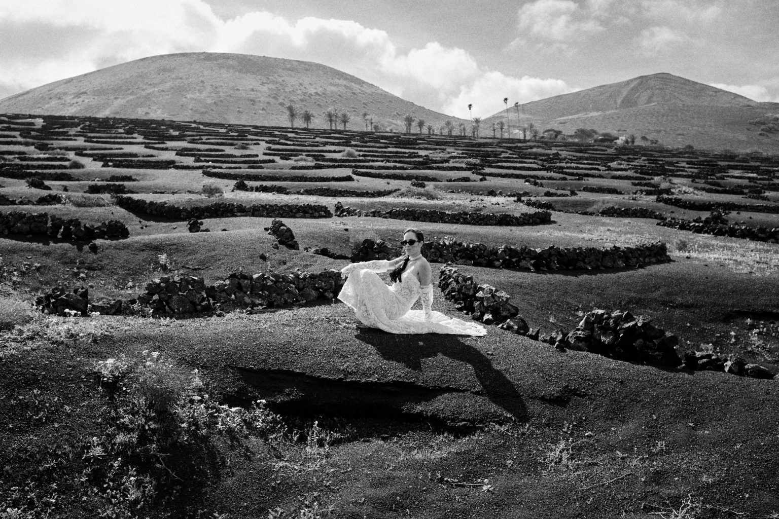 The vineyard walls of La Geria, Lanzarote, black and white