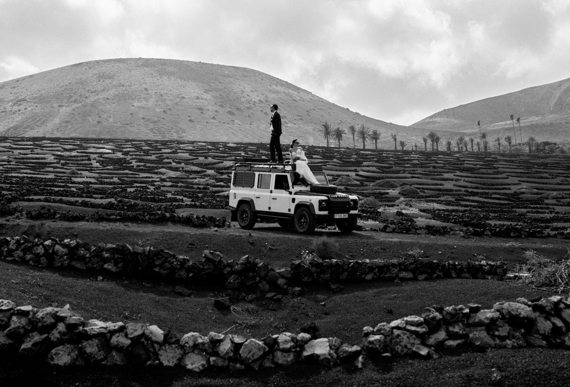 Juan and Laura's Land Rover in the Lanzarote lava fields
