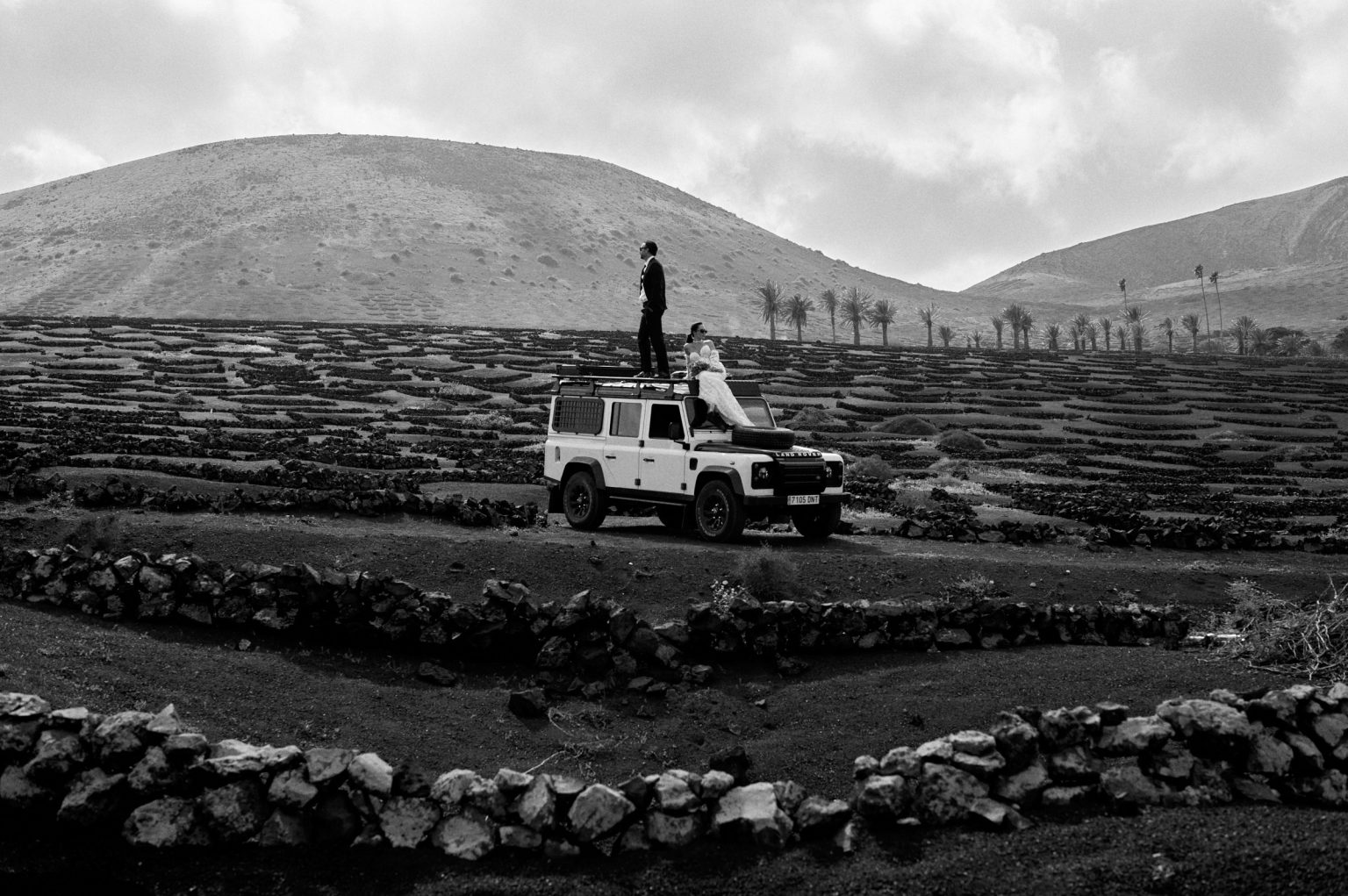 Juan and Laura's Land Rover in the Lanzarote lava fields