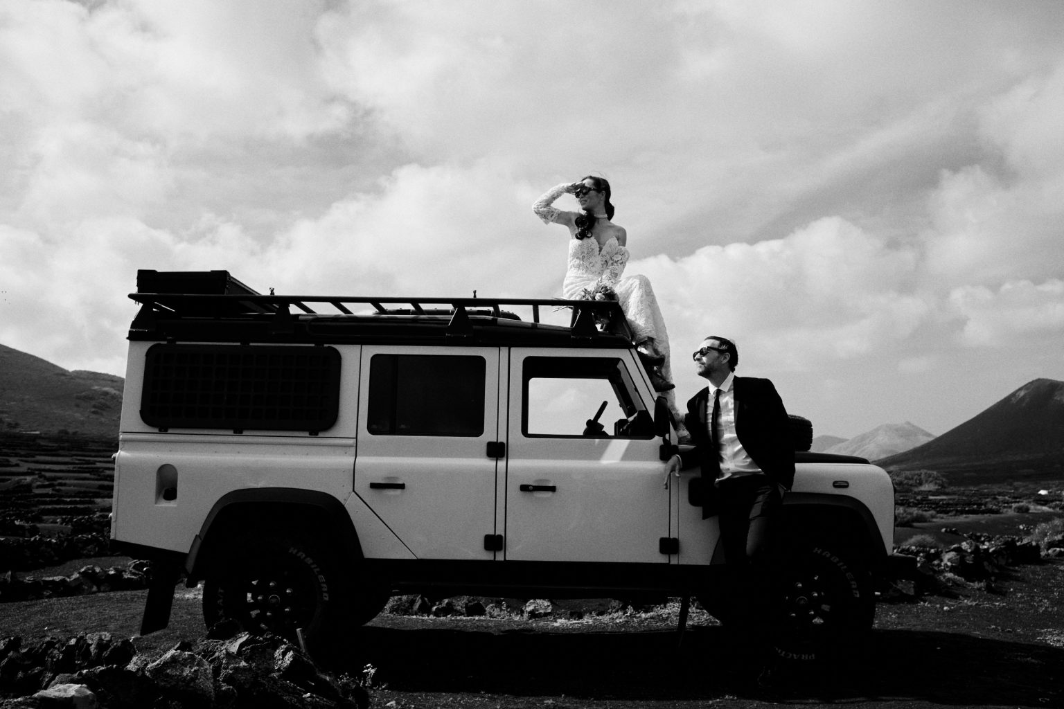 Land Rover Defender in the volcanic landscape of Lanzarote