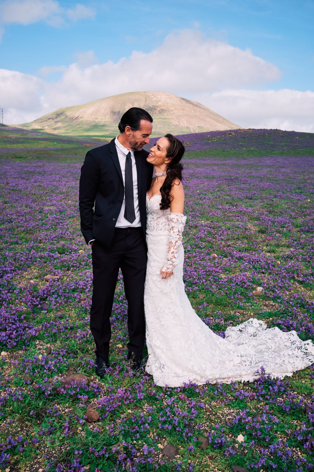 Couple in the wildflower field, black and white, Lanzarote