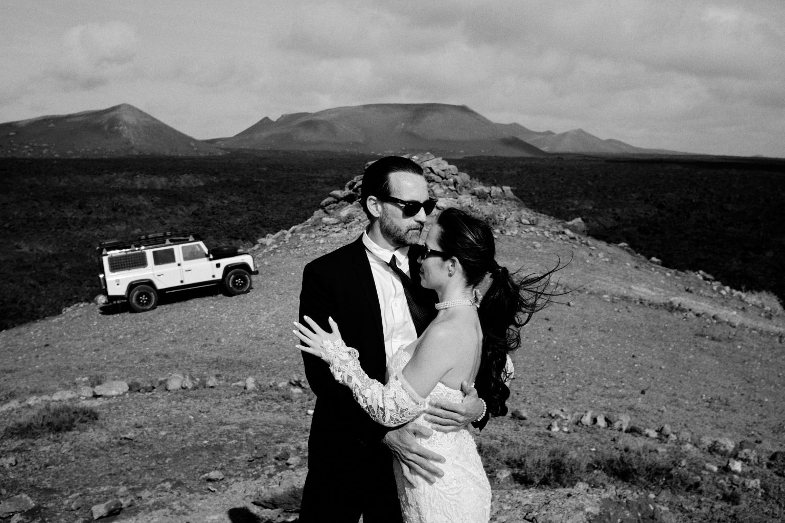 The Land Rover on the Lanzarote coast, black and white
