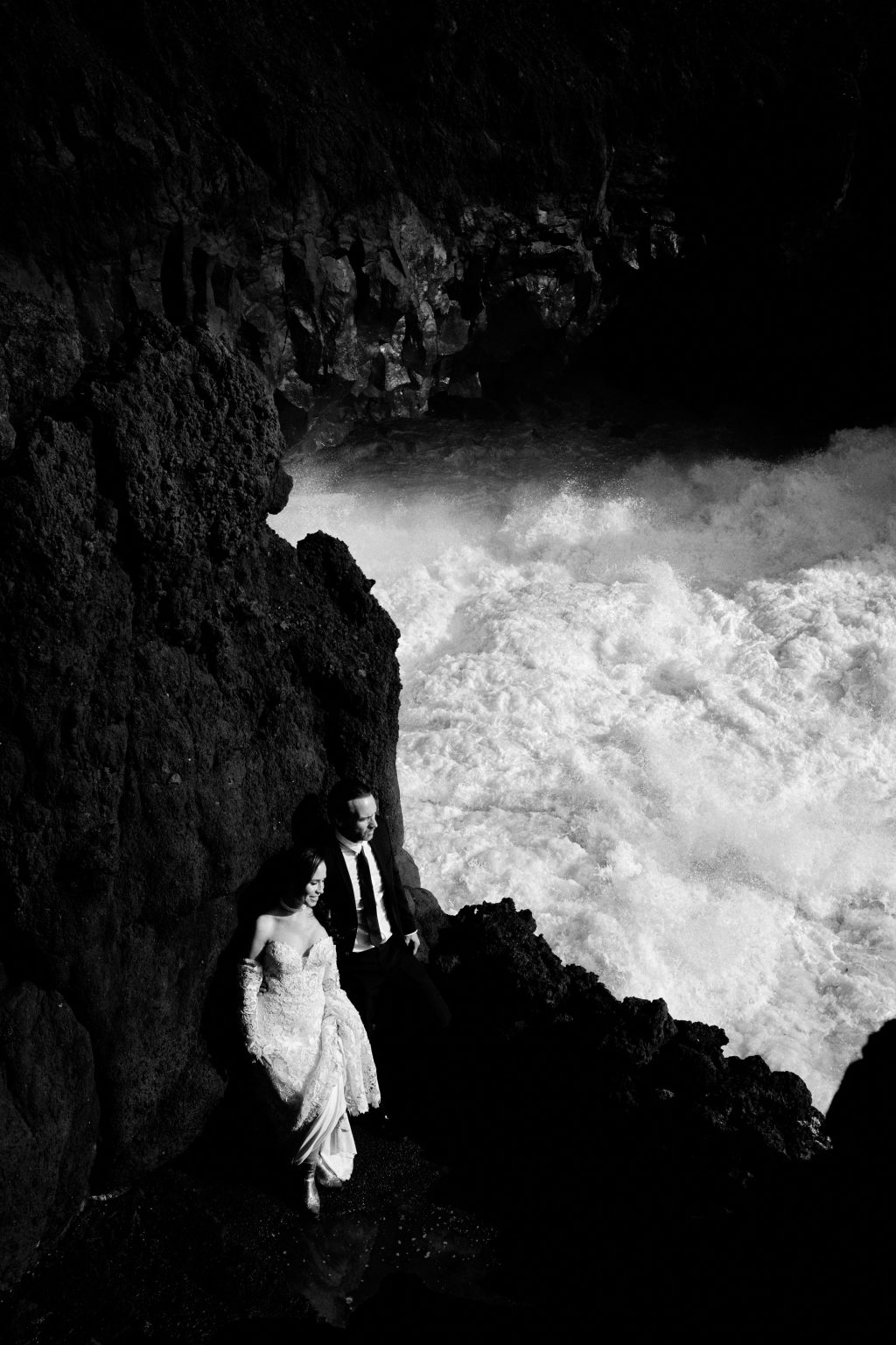 Waves against the west coast cliffs of Lanzarote, black and white
