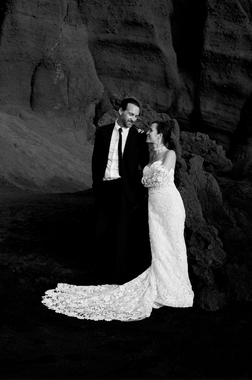 Bride at the water's edge, black and white, Lanzarote