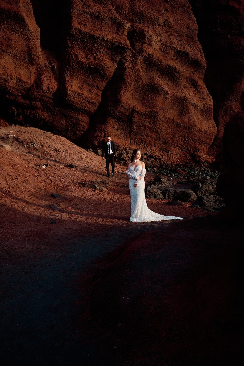 Bride in her dress on the dark coast, Lanzarote