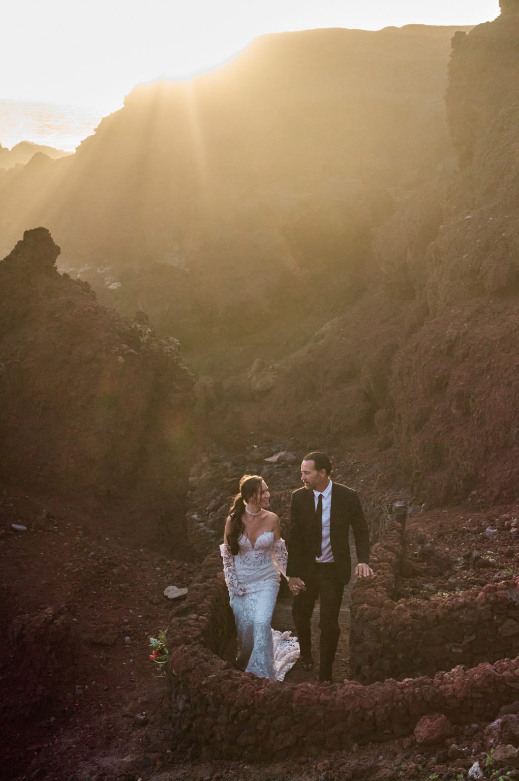 Couple at sunset in the volcanic landscape, Lanzarote wedding