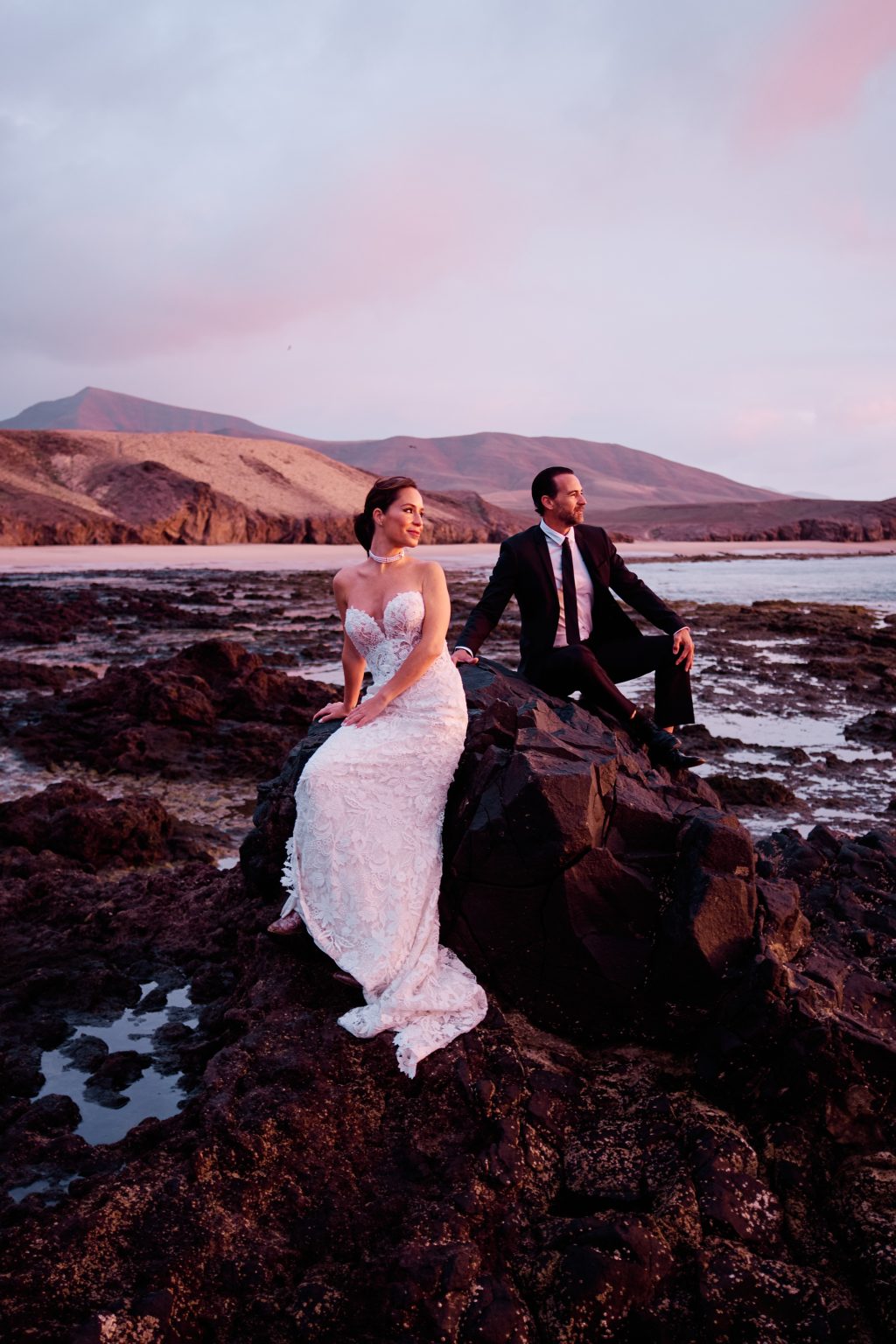 Juan and Laura on the rocks at sunrise, Lanzarote