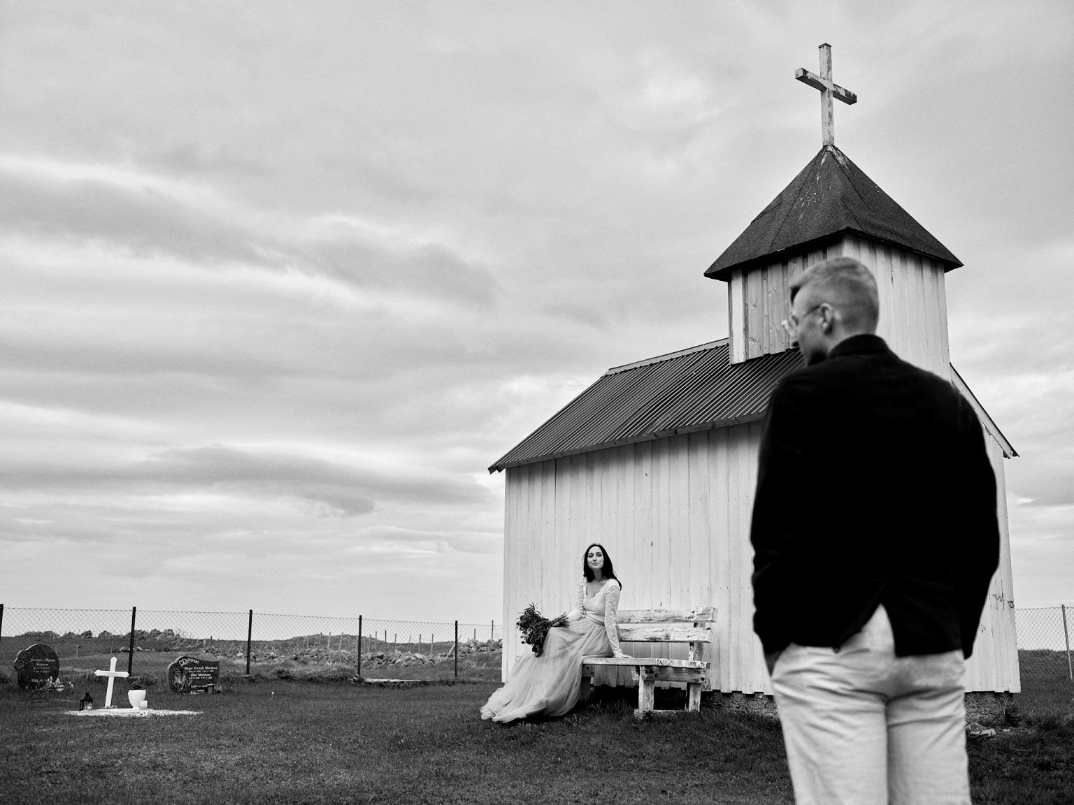 The white church at Unstad, the Lofoten surf village, black and white