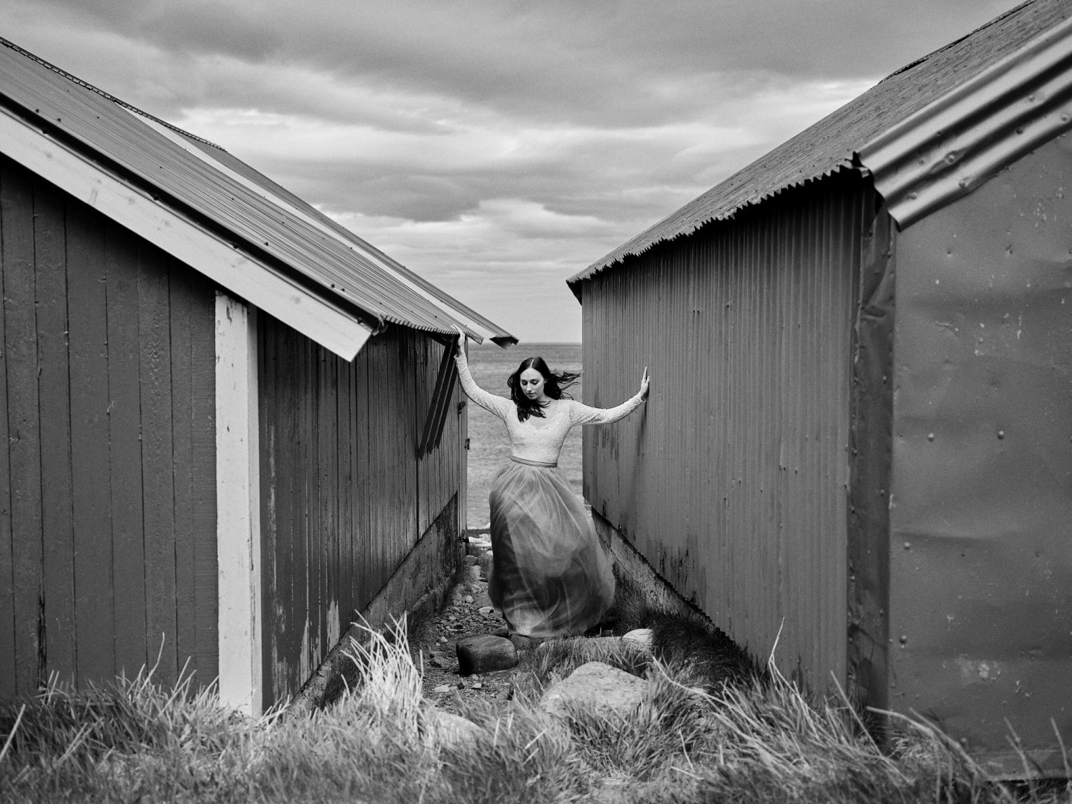 The bride between fishermen's cabins in Lofoten