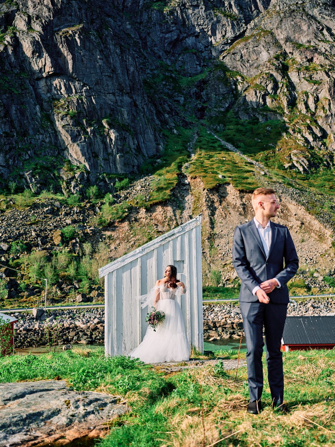 Sophie and Johan at a viewpoint below a Lofoten peak
