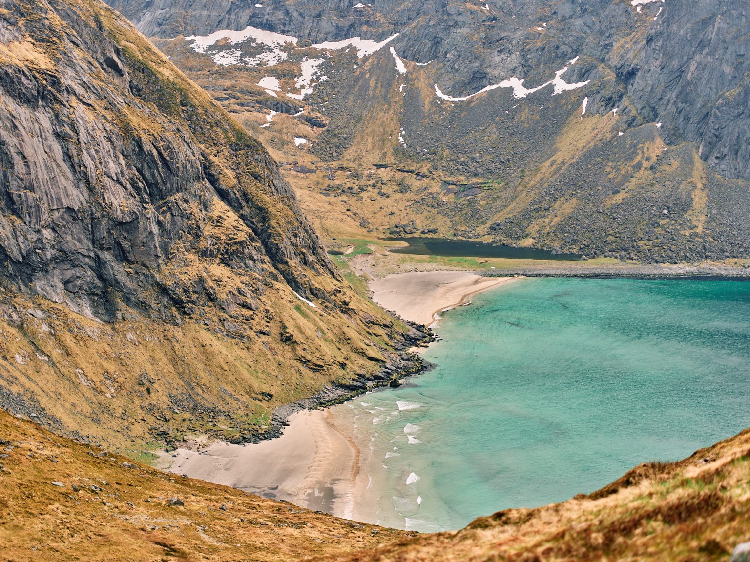 The view of Kvalvika beach from the top of Ryten, Lofoten