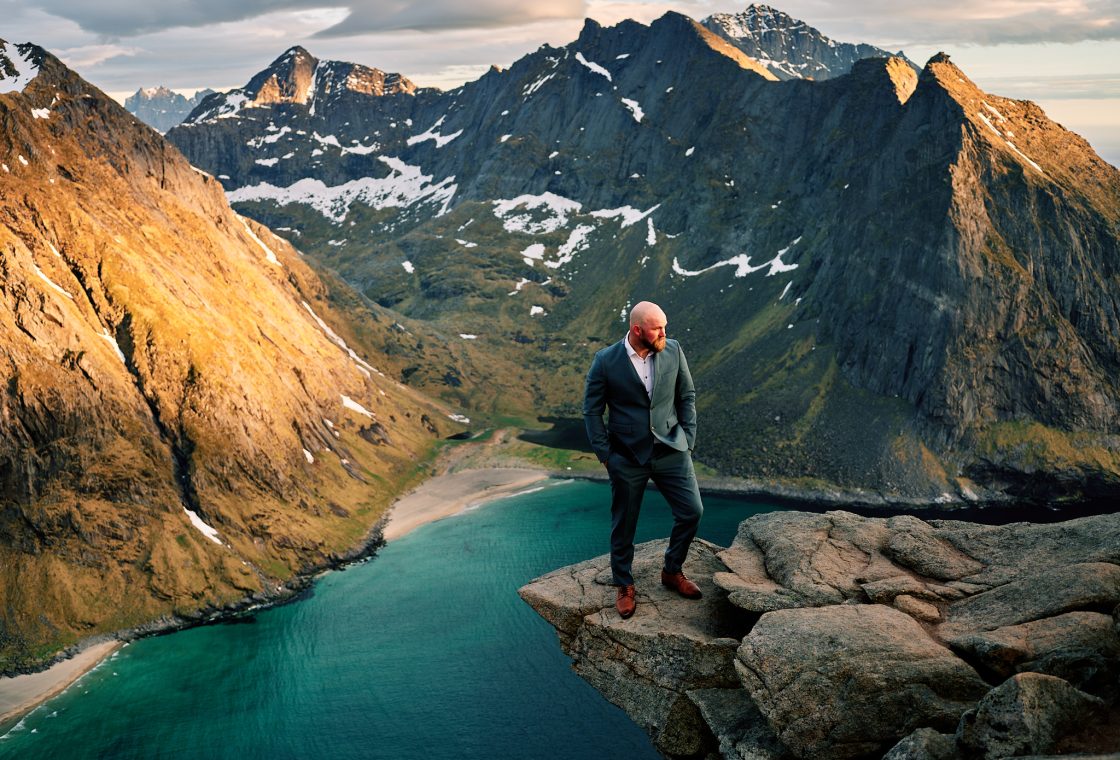 The groom on the summit of Ryten above Kvalvika, Lofoten
