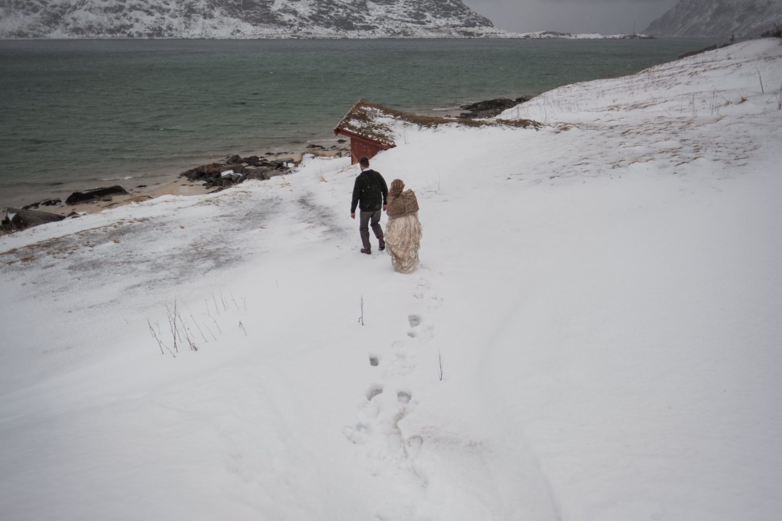 Walking a winter beach with turquoise water, Lofoten