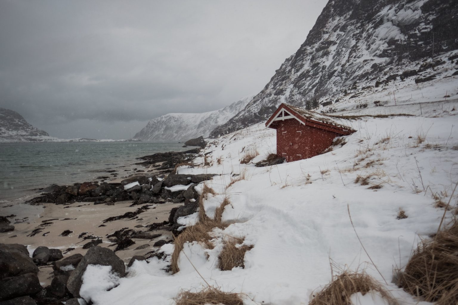 A dramatic snowy peak on the shore, Lofoten in March
