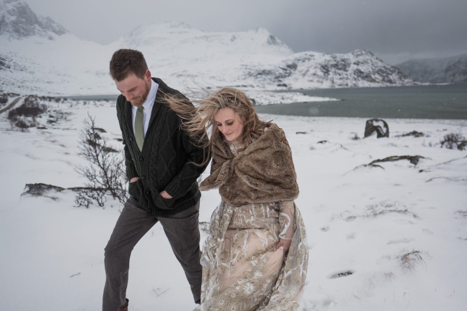 Christopher and Jamie in the wind and snow, Lofoten