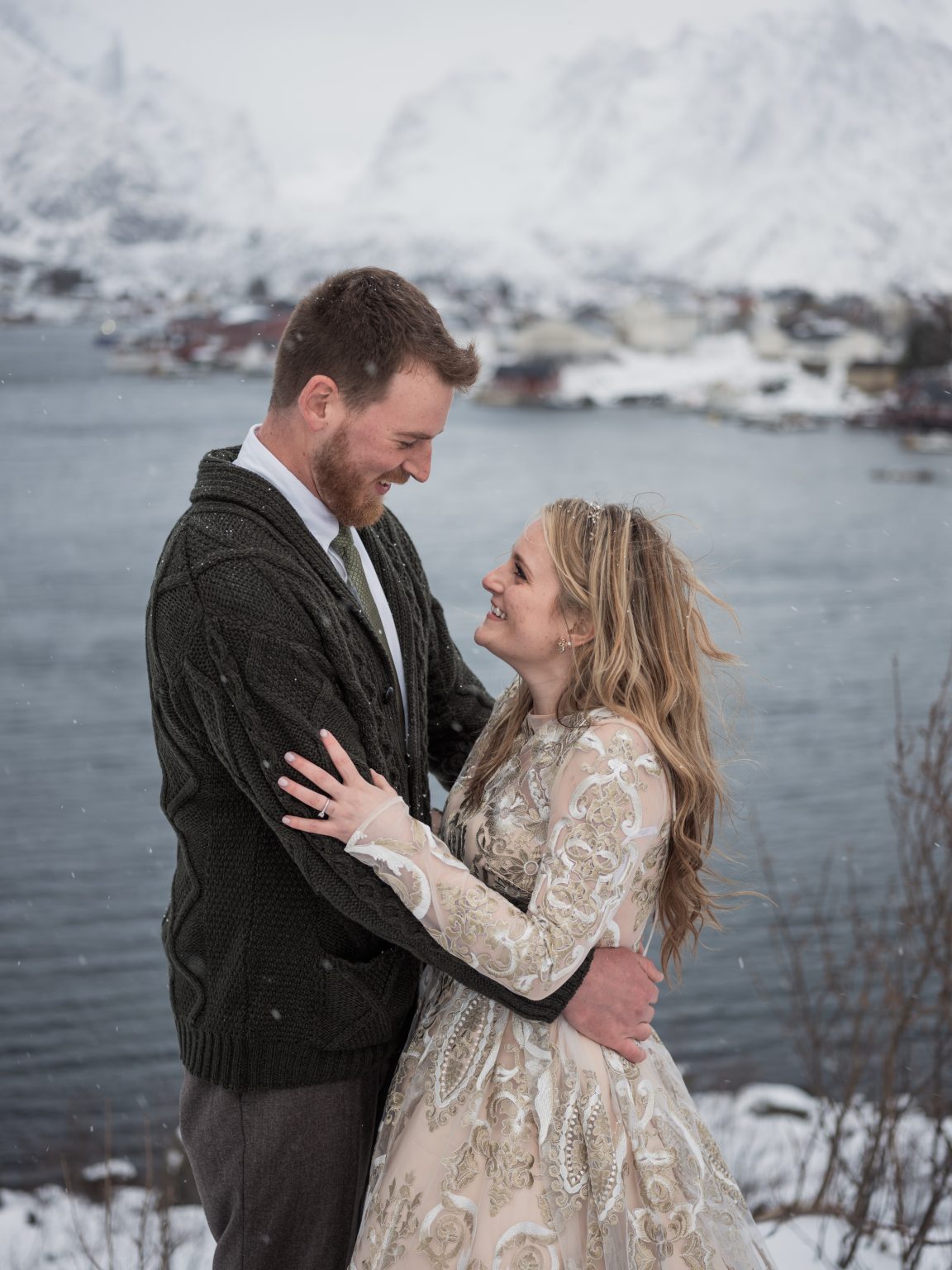 Jamie and Christopher forehead to forehead at Reine, Lofoten