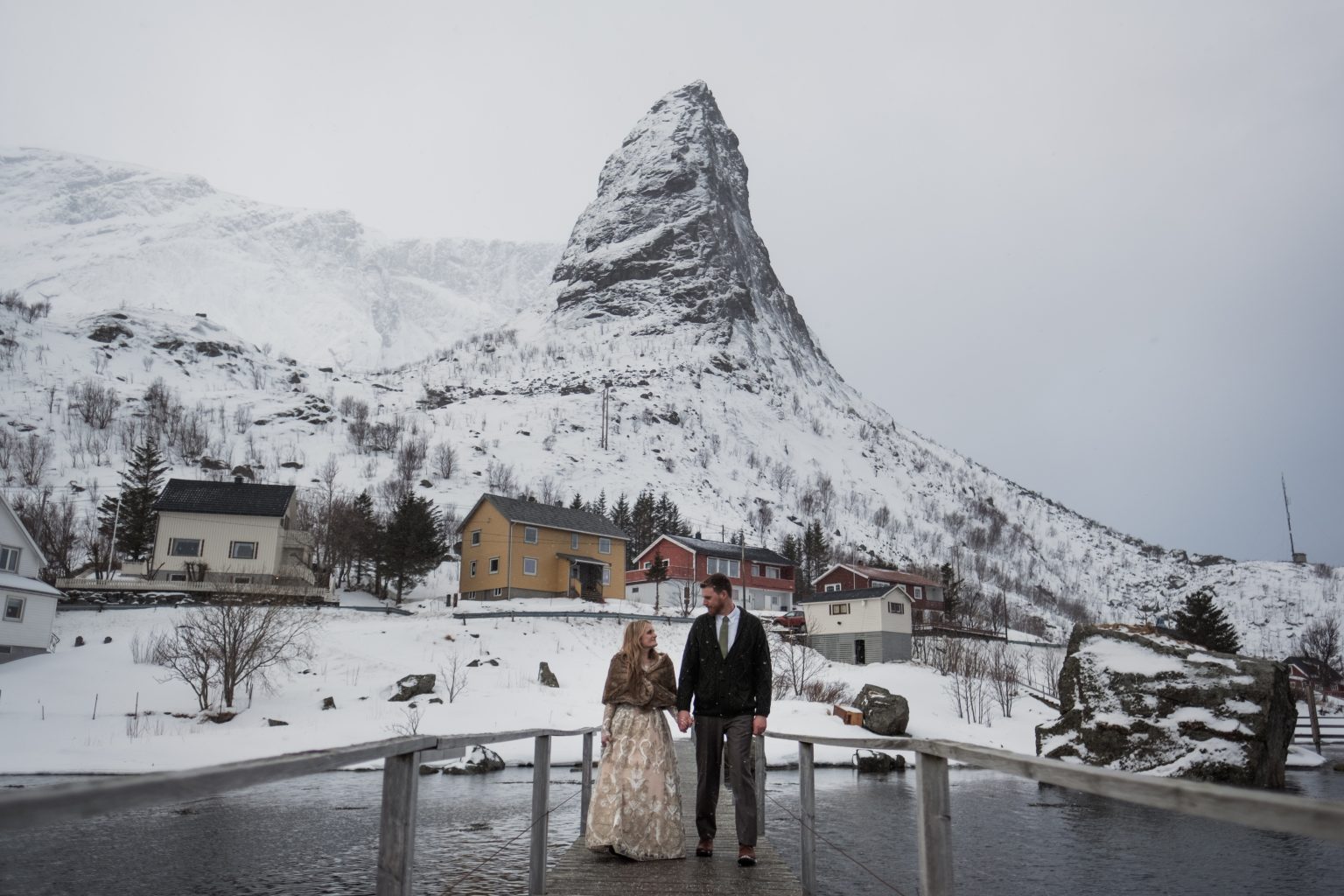 The rorbuer and jetty at Reine under snow, Lofoten