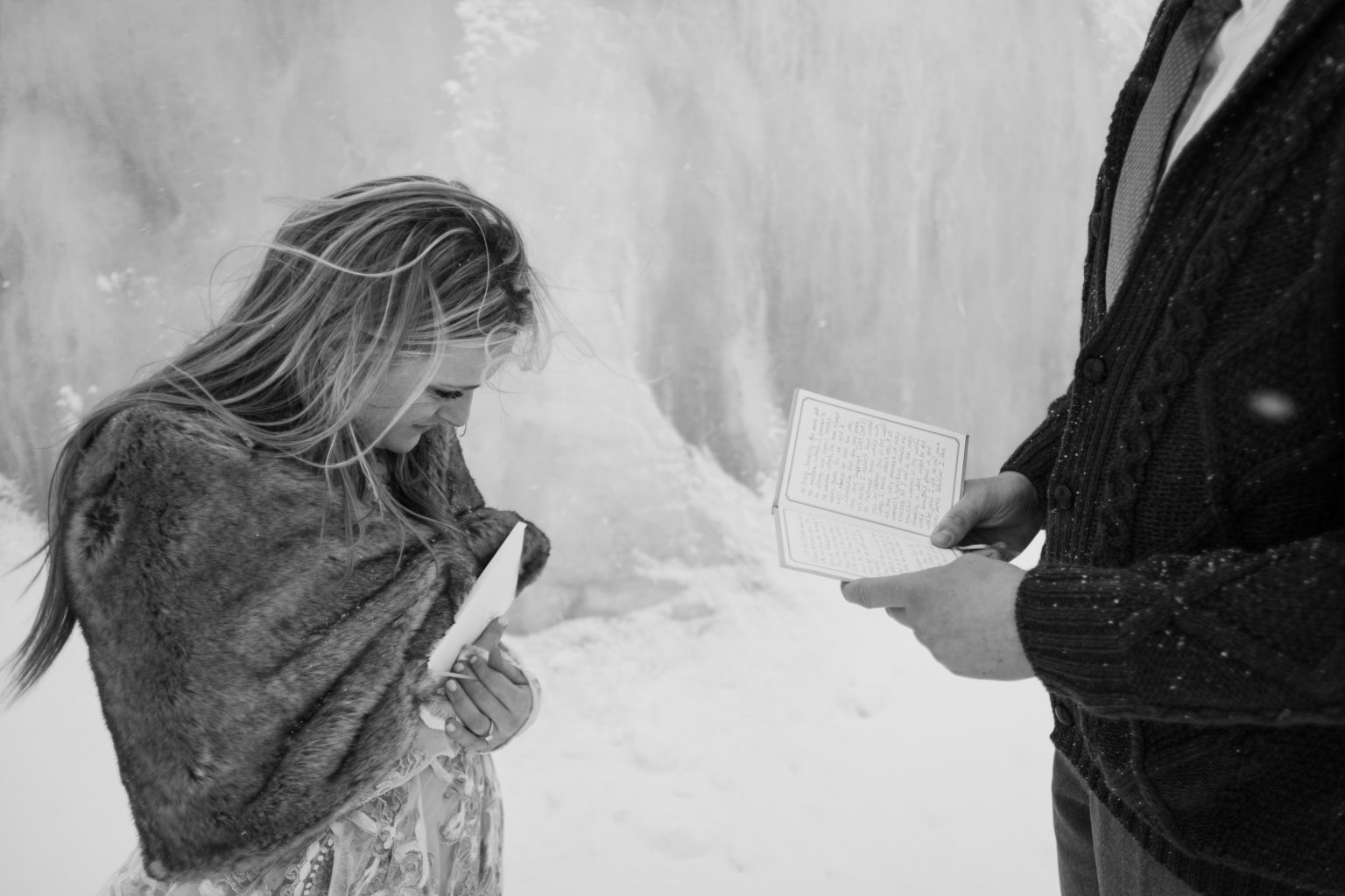 The bride at the ice wall, veil in the wind, Lofoten in winter