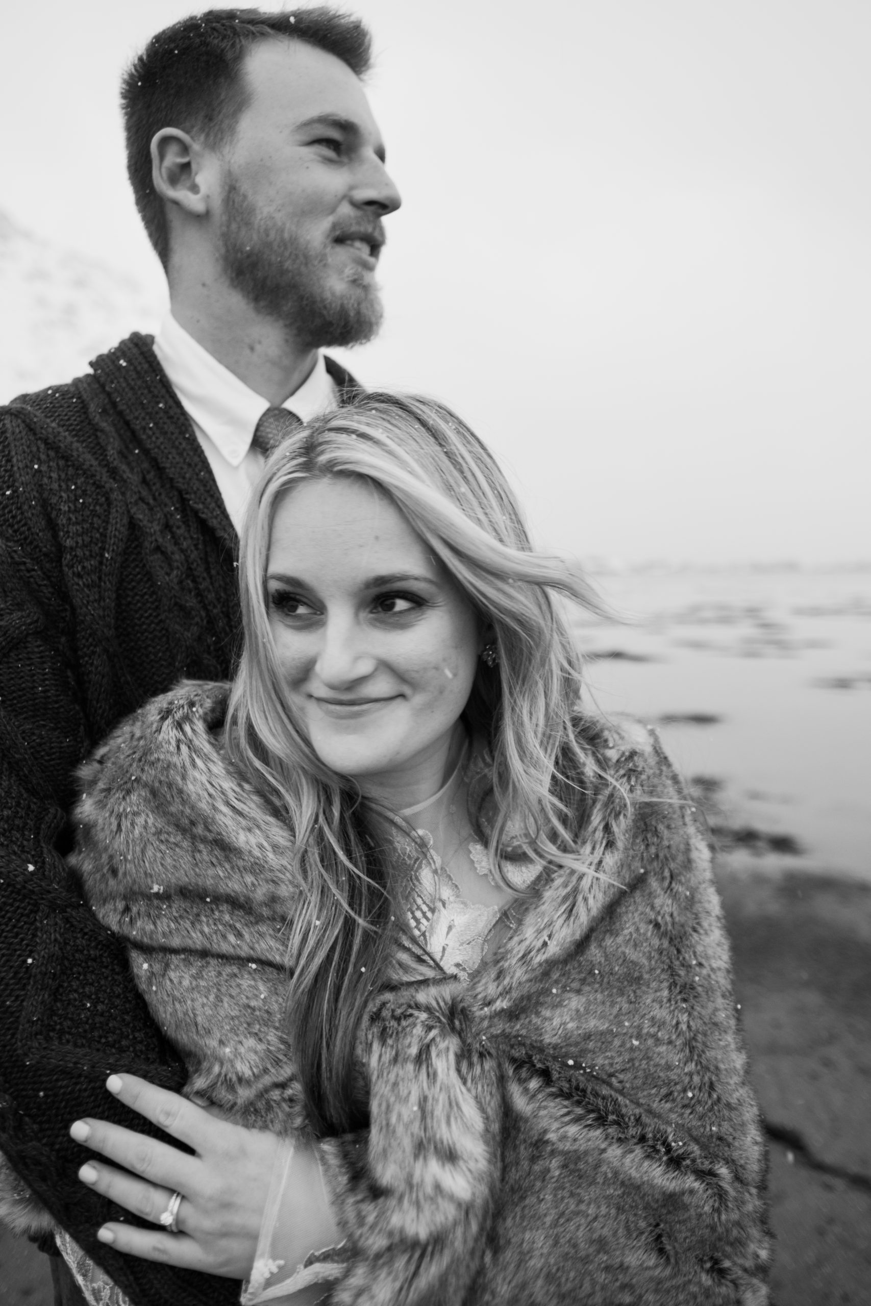 Jamie and Christopher cheek to cheek, happy, Lofoten, Norway