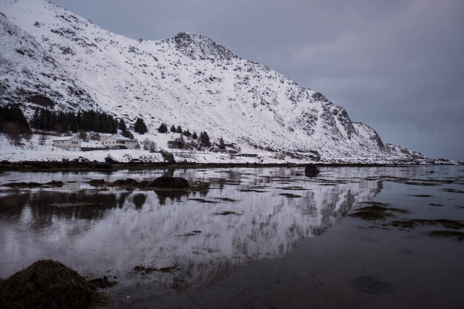 A dramatic range of snowy Lofoten mountains, Norway