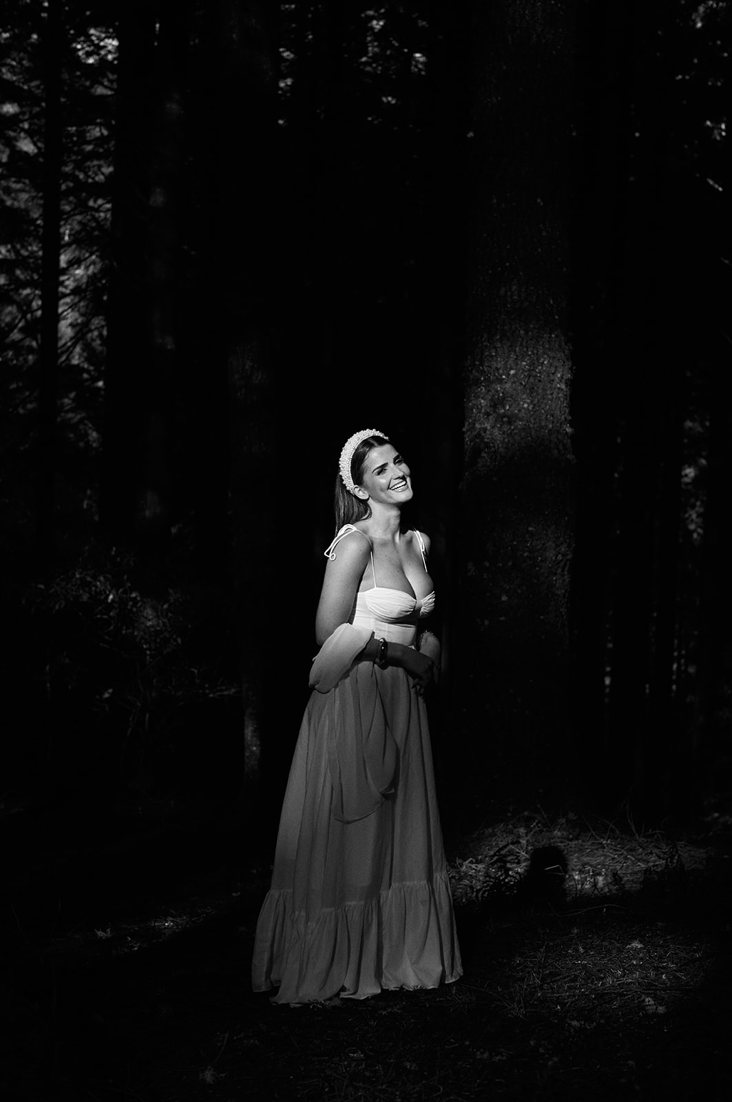 Black and white bridal portrait in the forest at Queimadas, Madeira