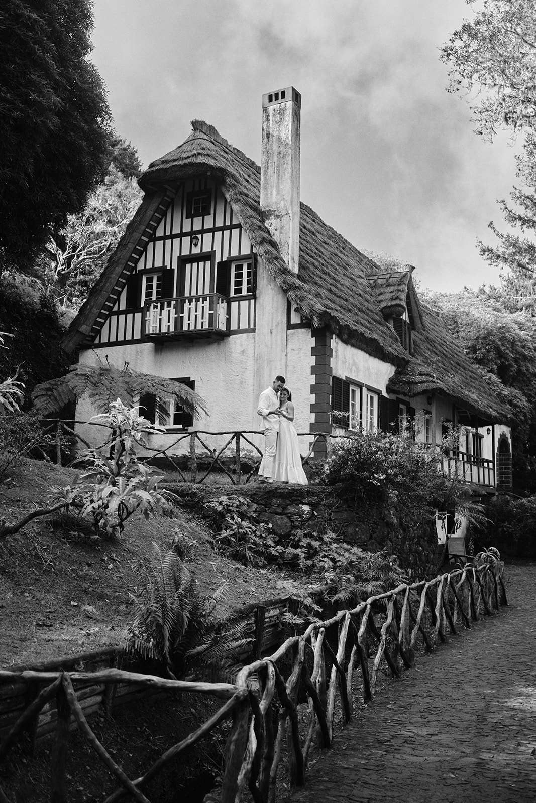 Thatched house at Parque Florestal das Queimadas, Madeira, in black and white