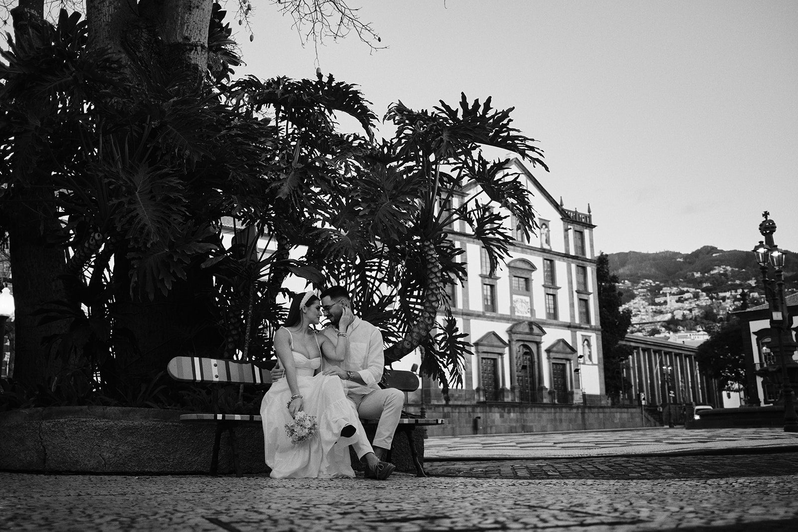 Empty street in Funchal old town, Madeira, in black and white