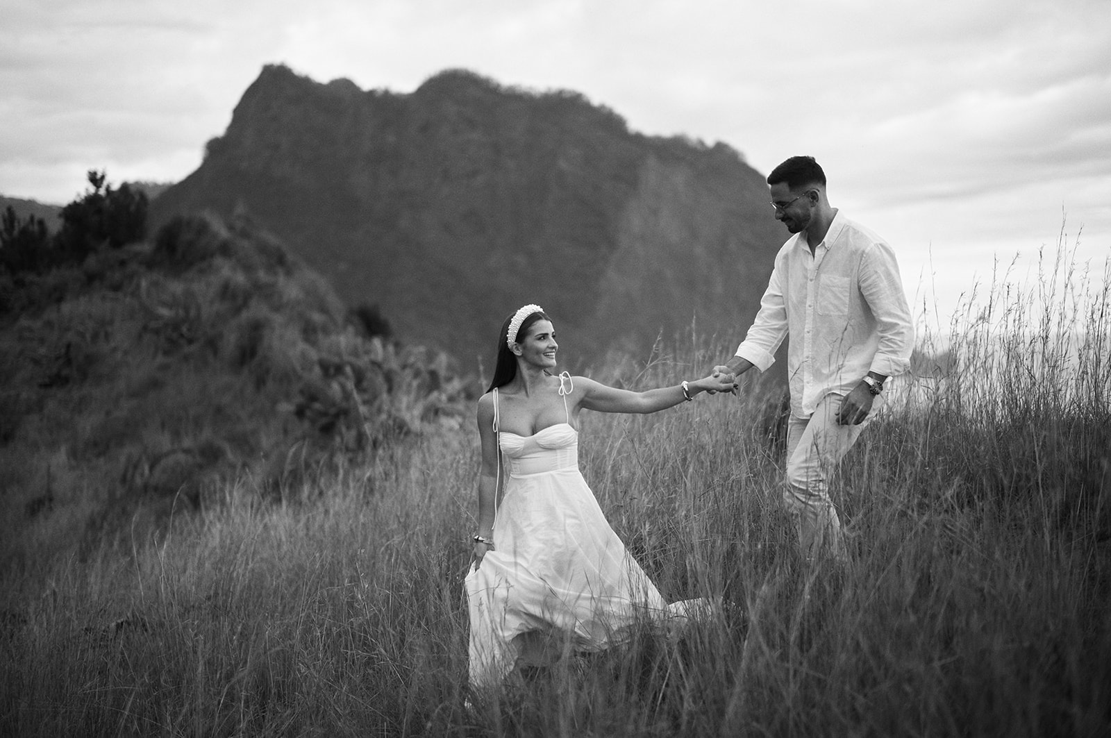 Bride on a green headland at Miradouro do Boqueirão, Madeira