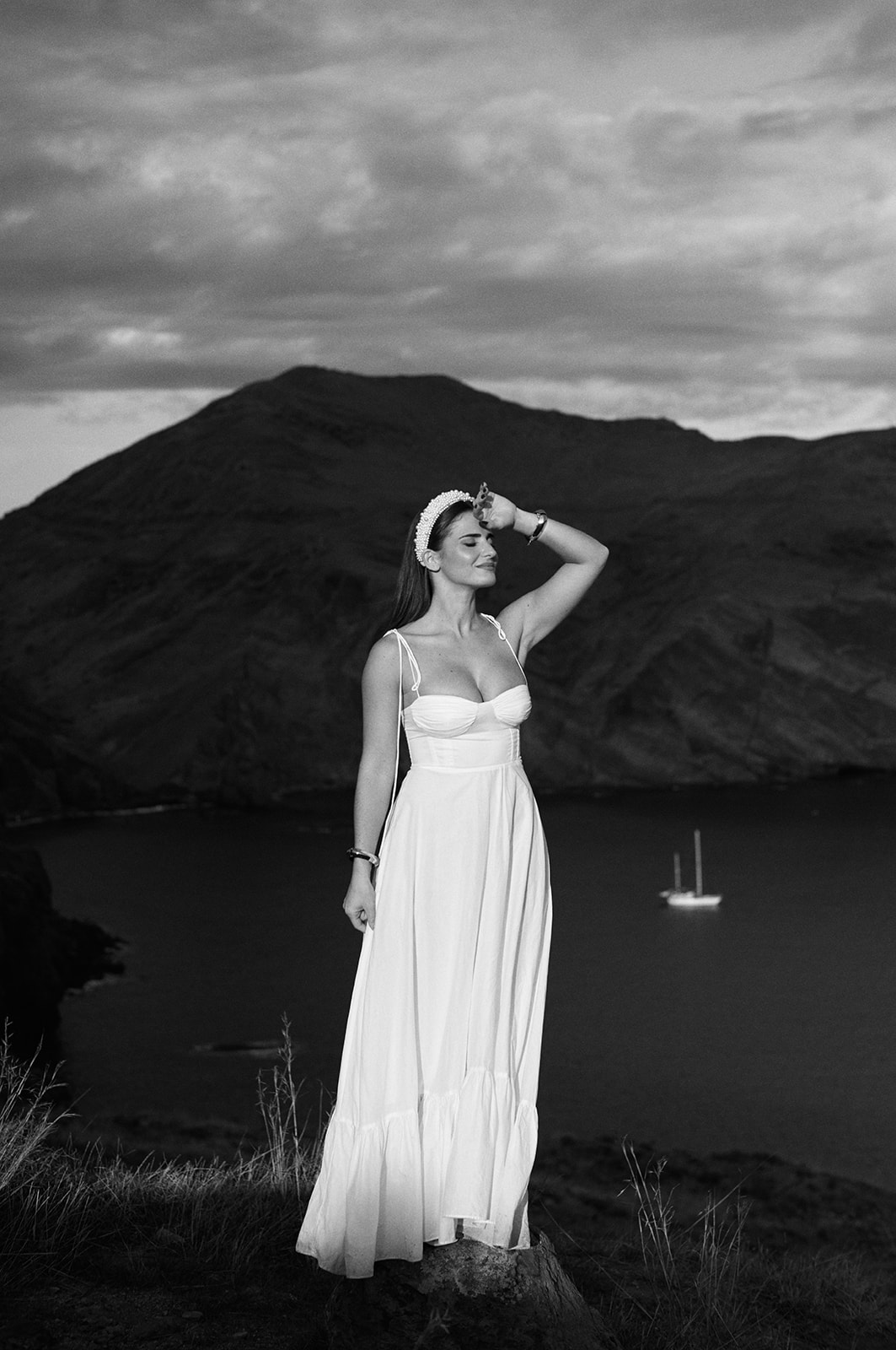 Bride at Ponta de São Lourenço, Madeira, at golden hour in black and white