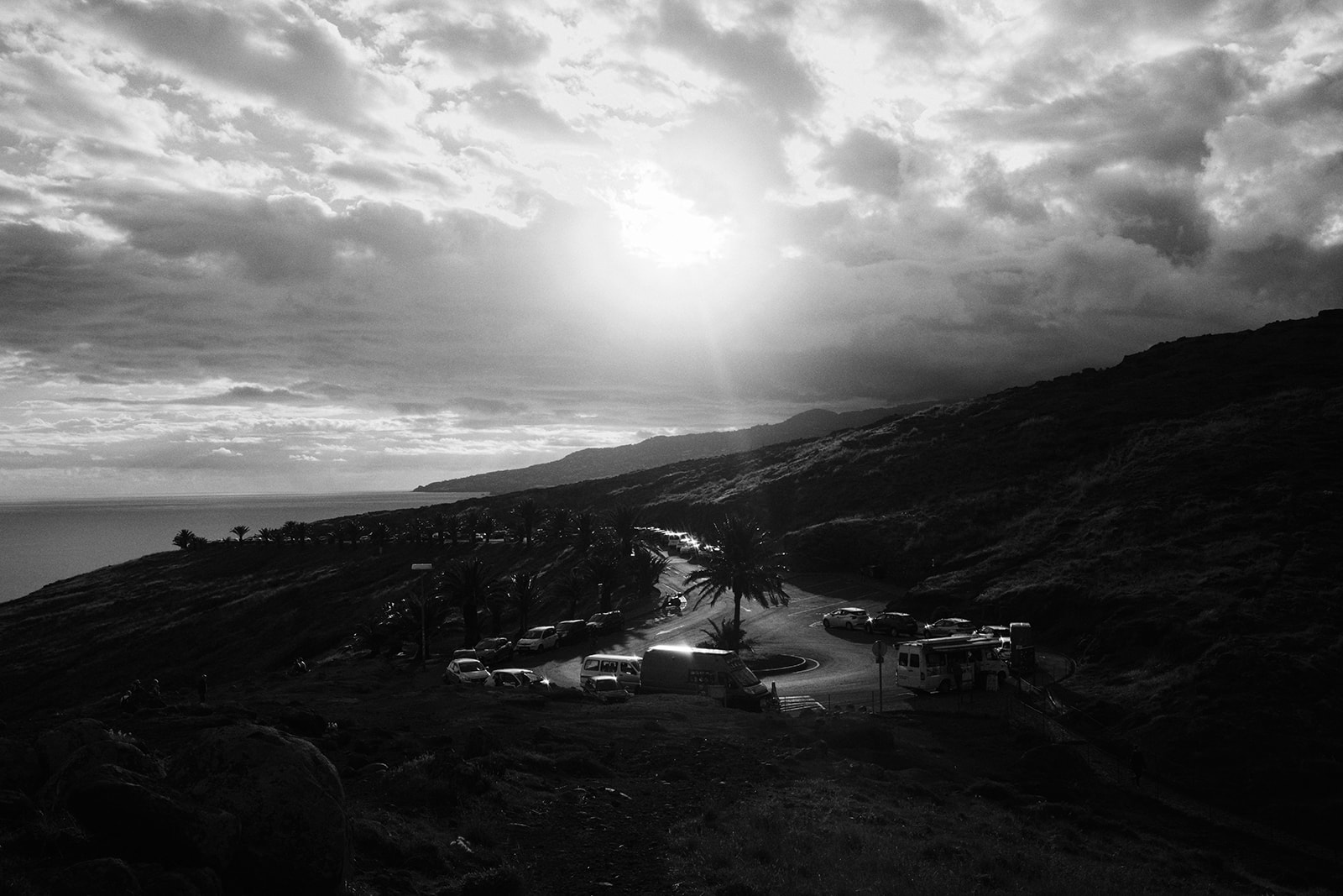 Sun setting over the sea at Ponta de São Lourenço, Madeira, in black and white