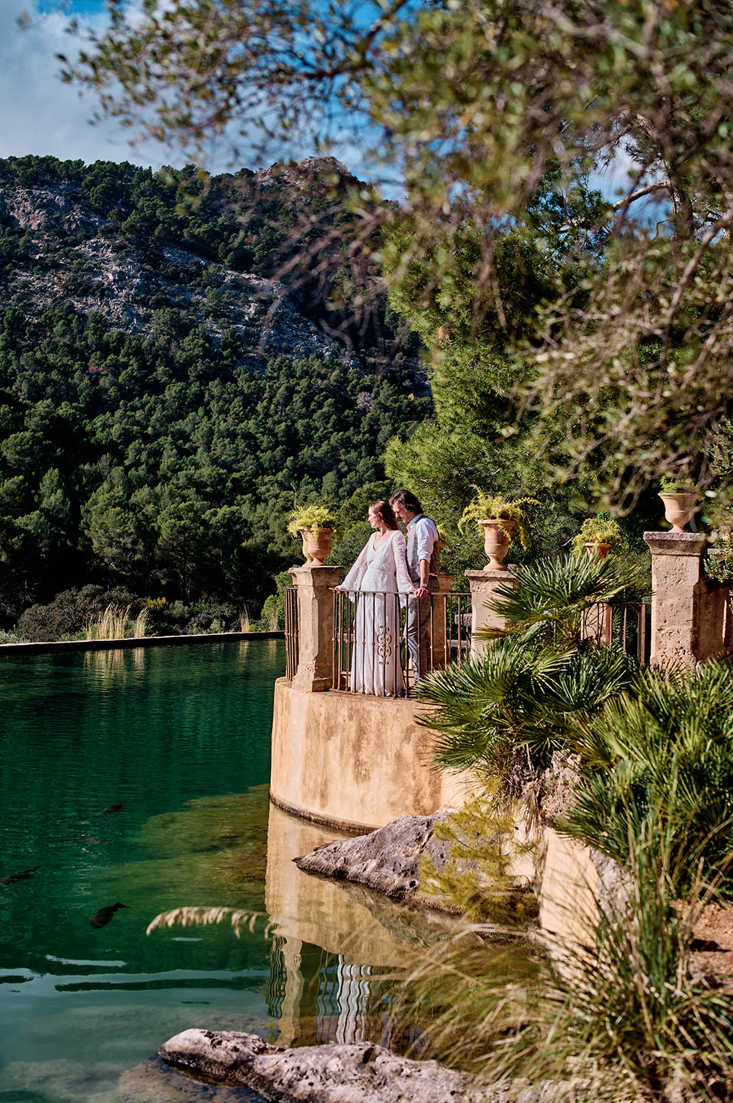 Bride and groom at the Raixa estate, Mallorca