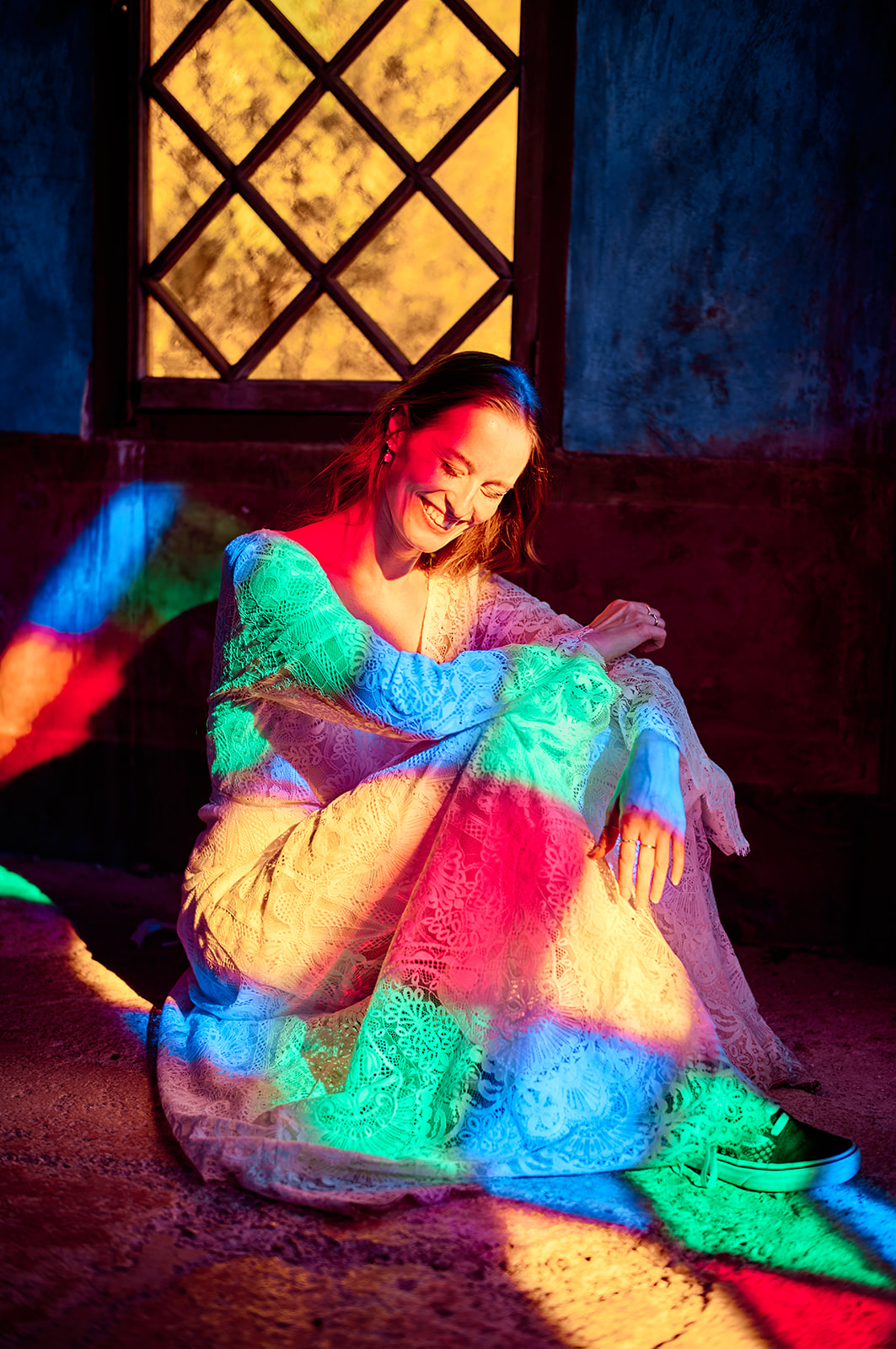 Coloured glass light at Raixa, Mallorca elopement