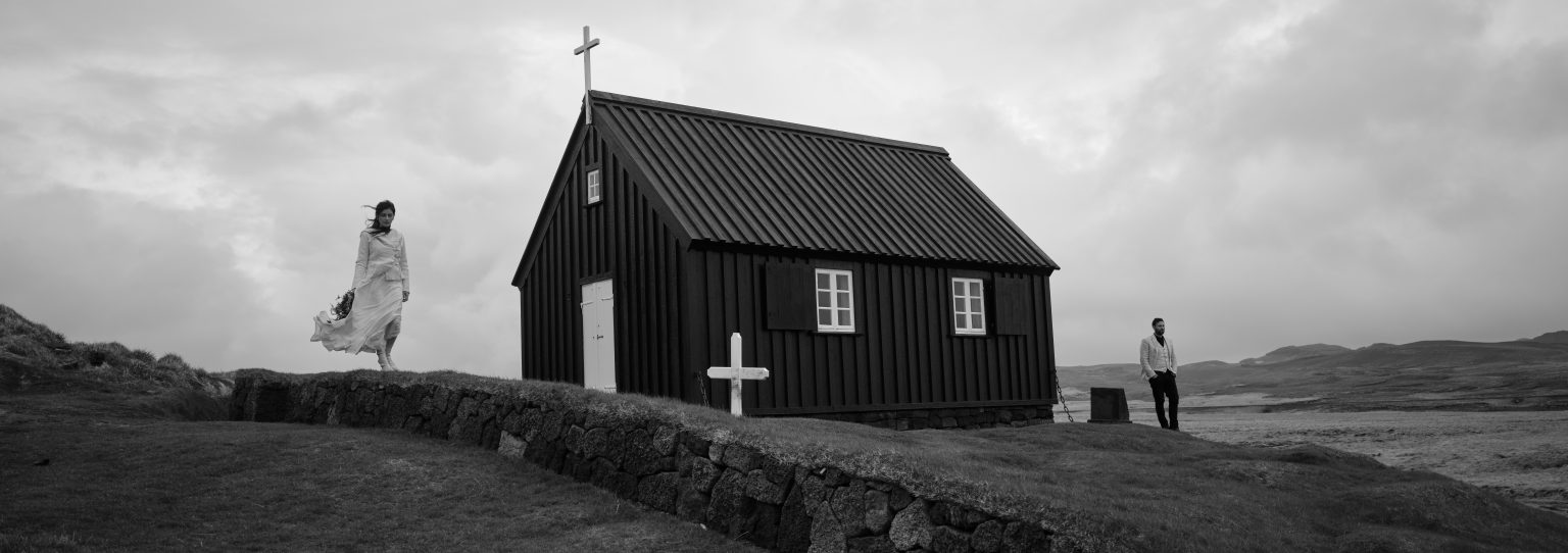 The black church of Krýsuvík alone on the heath, Reykjanes