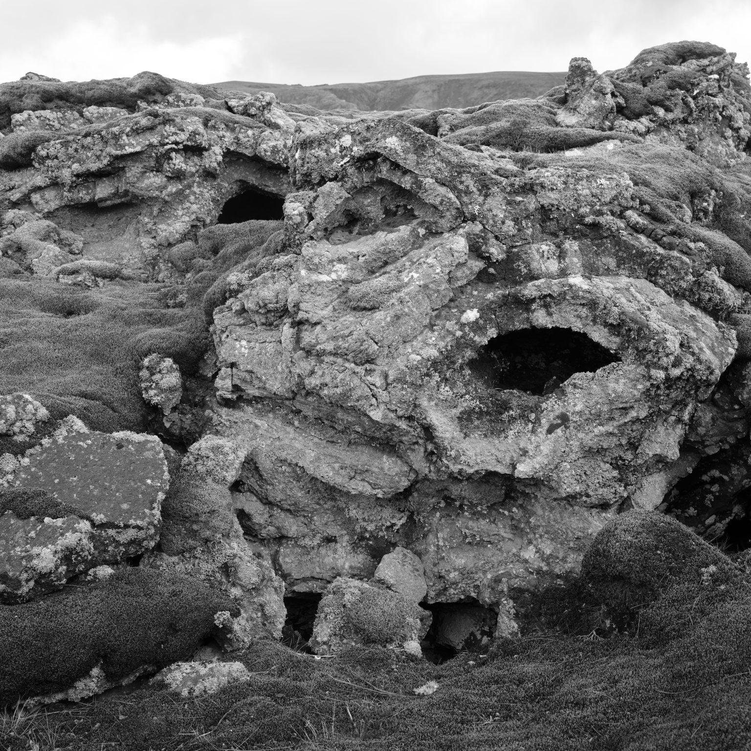 Weathered lava rock on the Reykjanes peninsula, black and white