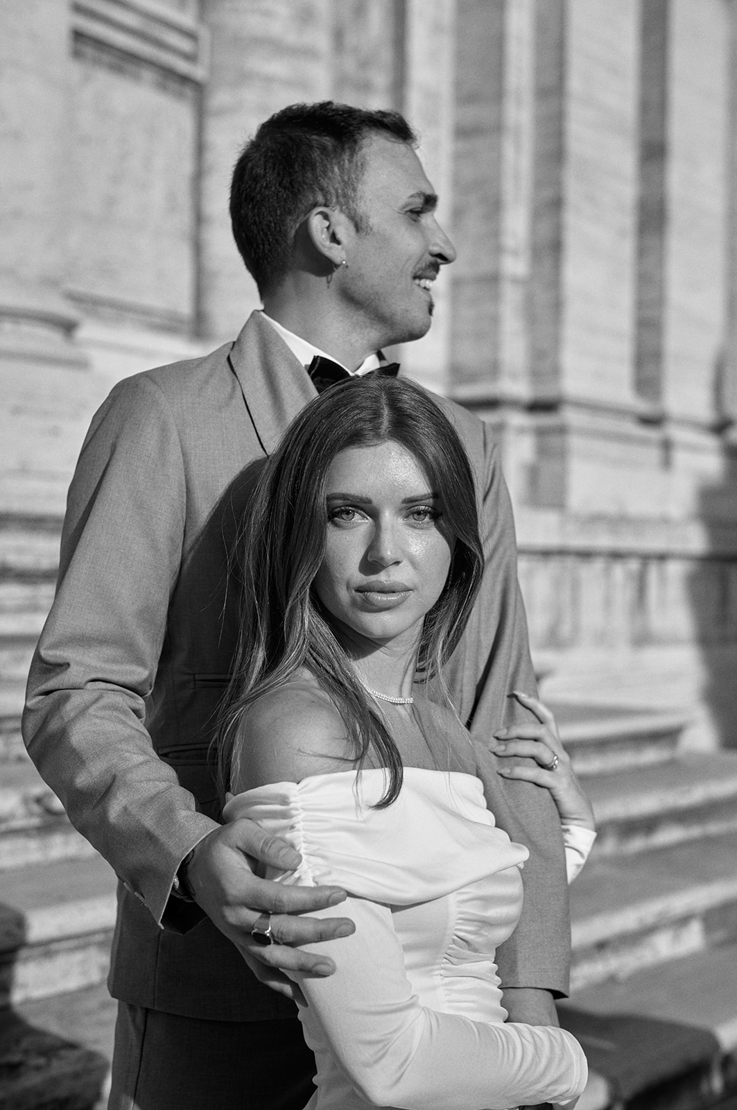 Black and white wedding portraits in the Roman Forum