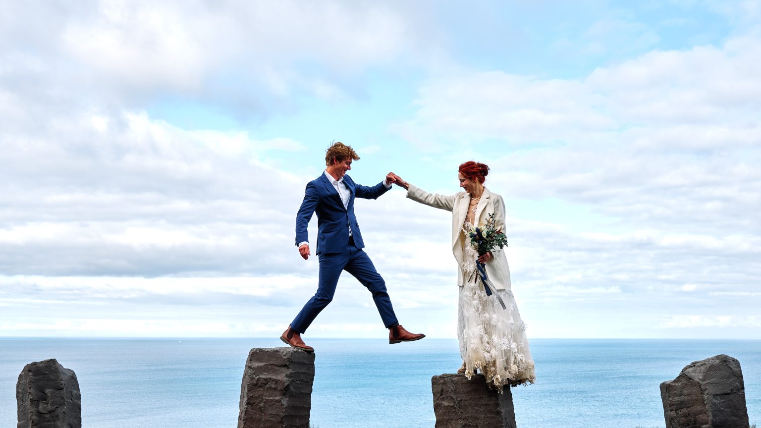 Anna and Niklas on basalt sea stacks, Snæfellsnes