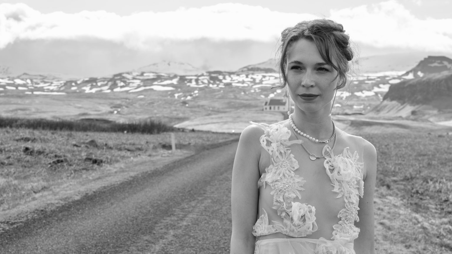 Bride on a quiet road on the Snæfellsnes peninsula