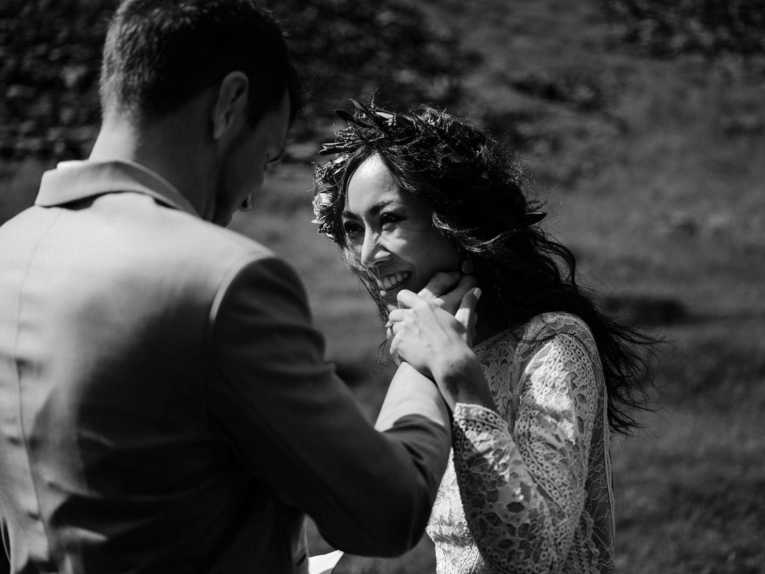 Emotional black and white portrait of the bride during the ceremony, South Iceland elopement