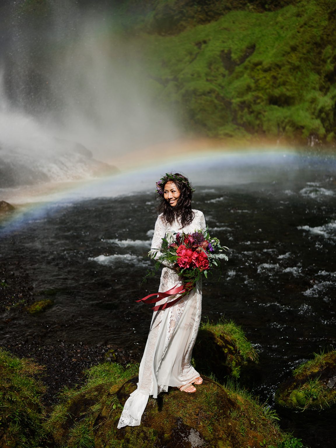 Black and white portrait of the bride at Kvernufoss waterfall, South Iceland elopement