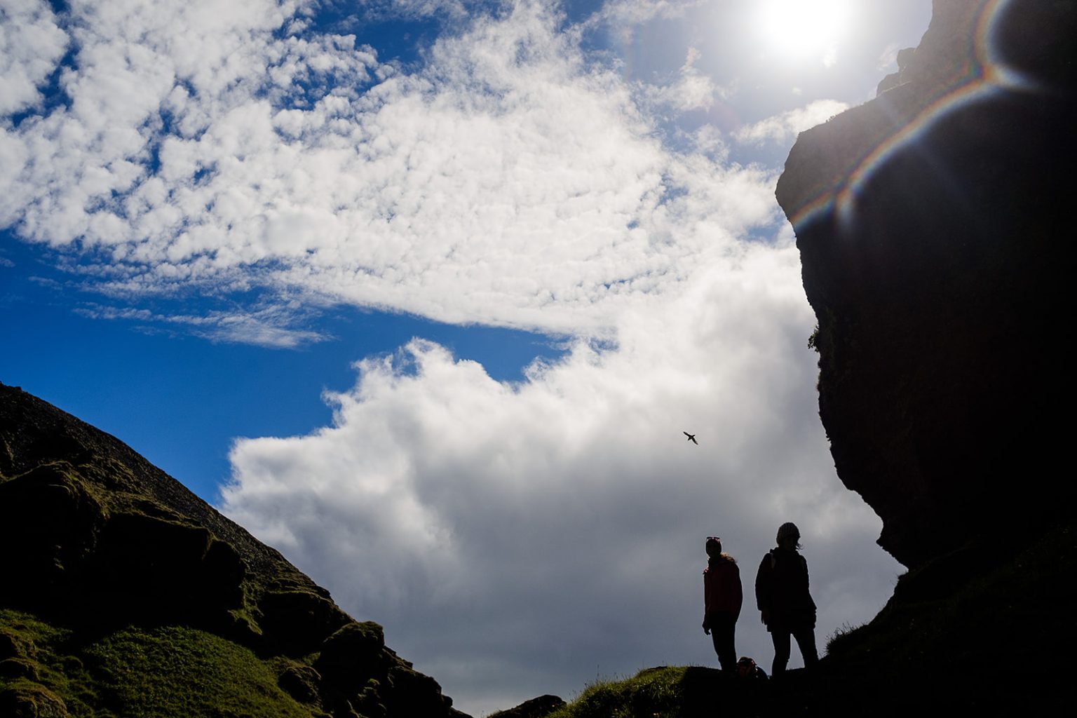 Couple in silhouette at the Kvernufoss canyon cliff, South Iceland elopement