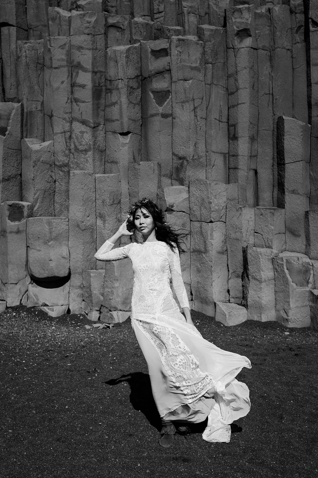 Bride at the basalt columns of Reynisfjara, South Iceland elopement