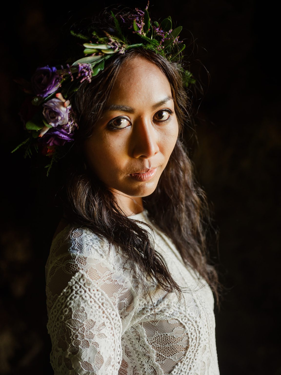 Portrait of the bride in her flower crown, South Iceland elopement
