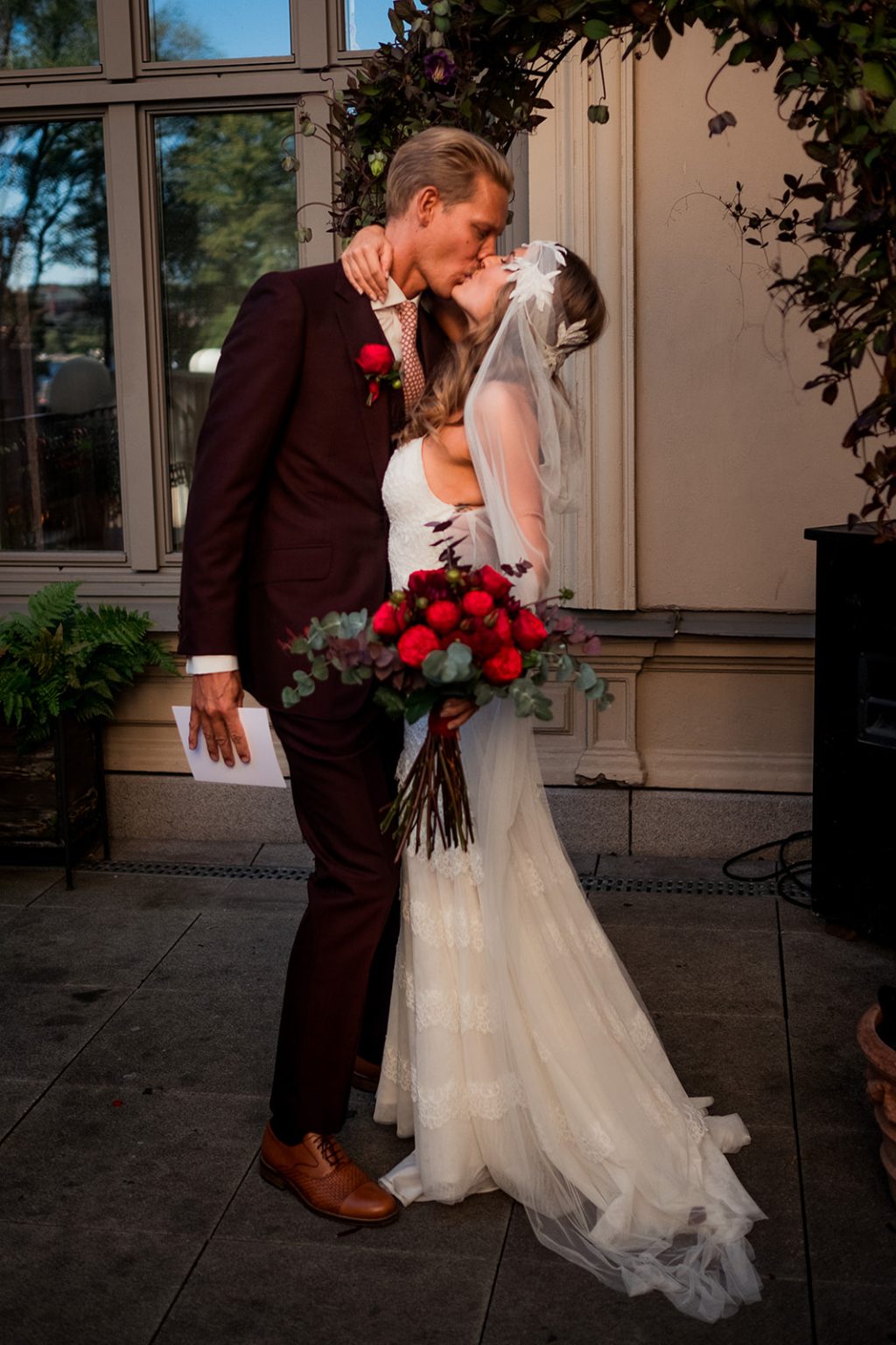 Bride and groom during the courtyard celebration