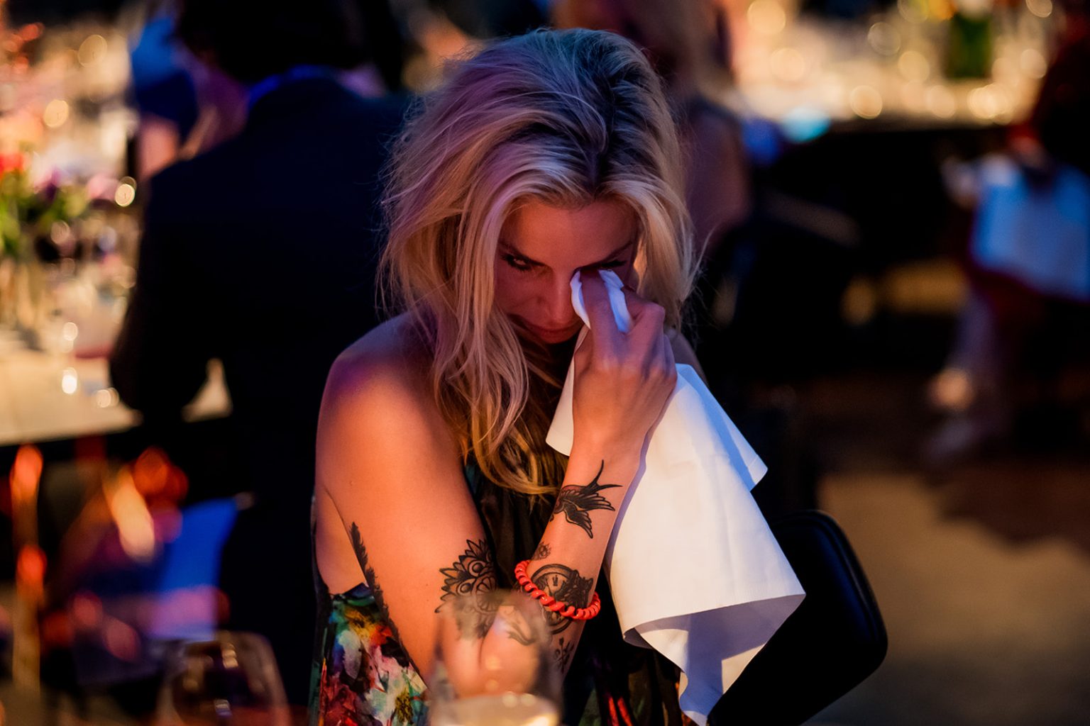 The bride in tears during the speeches at Fotografiska