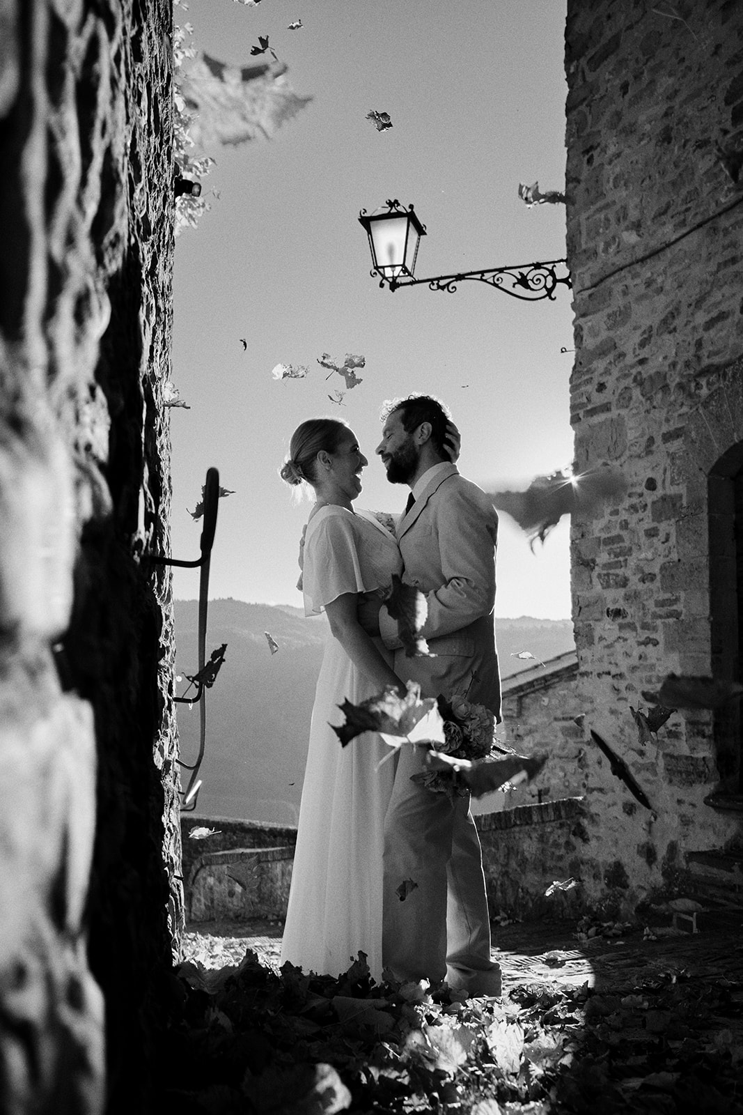 Monica and Marco in Montone, Umbria, in black and white