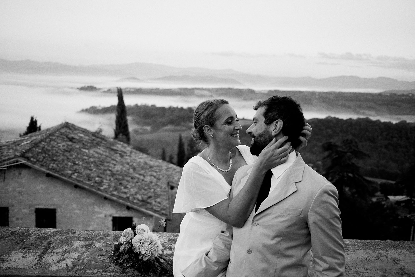 Monica and Marco in Montone, Umbria, in black and white
