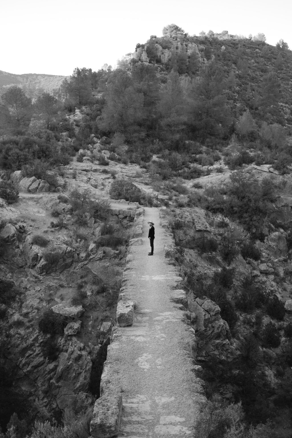 A lone figure walking the Peña Cortada aqueduct in black and white, Valencia