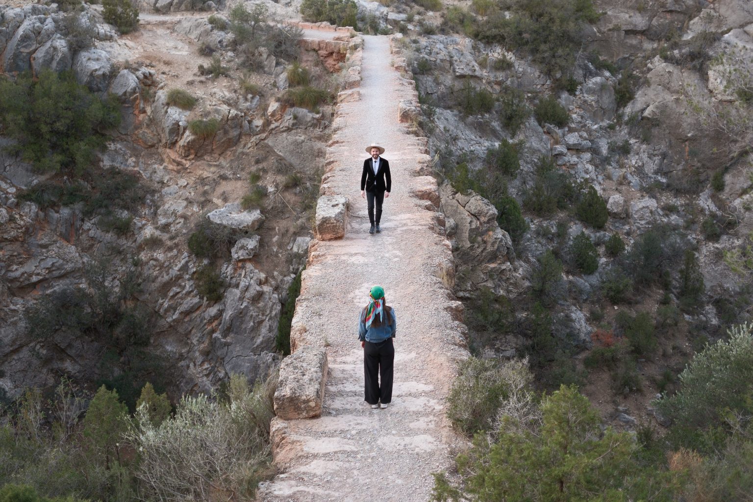 Walking the channel of the Peña Cortada aqueduct through the gorge, Valencia