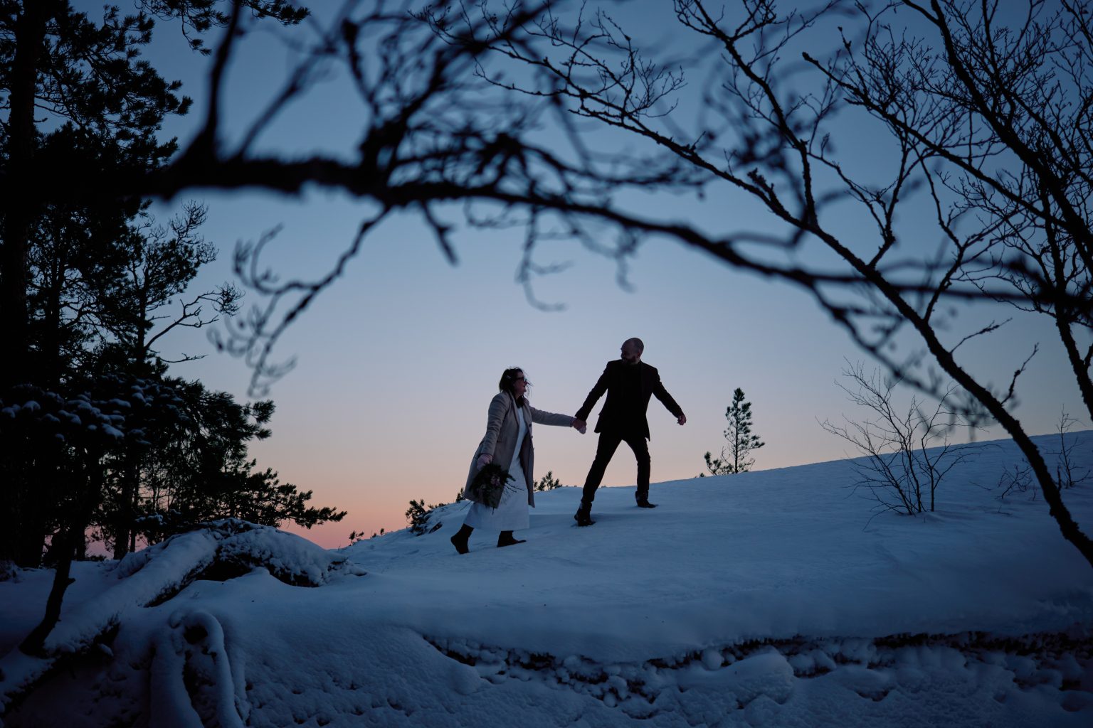 Walking the snowline under bare trees at dusk, Sweden
